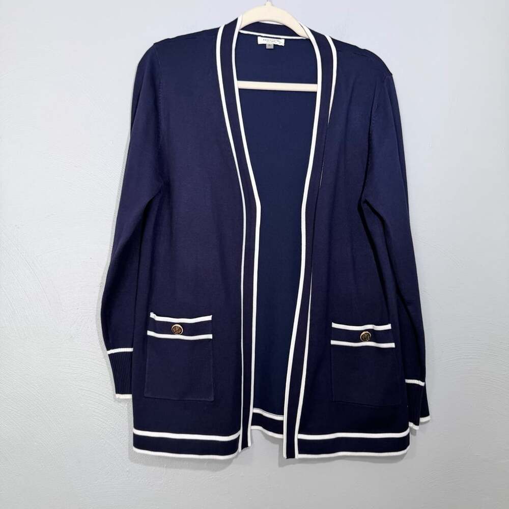 Essentials Milano Cardigan Blue Contrast Trim Pockets Academia Coastal Preppy L